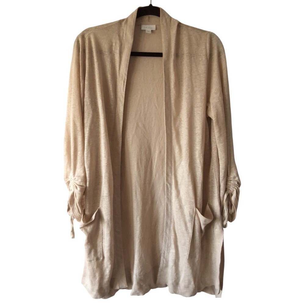 J. Jill Women's Small  100% linen Beige Cardigan With Adjustable Ruched Sleeve‎